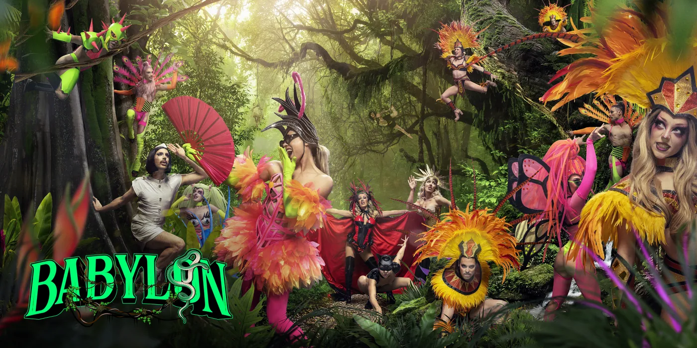 The Babylon Live artwork, performers in a jungle of colour, with the Babylon logo